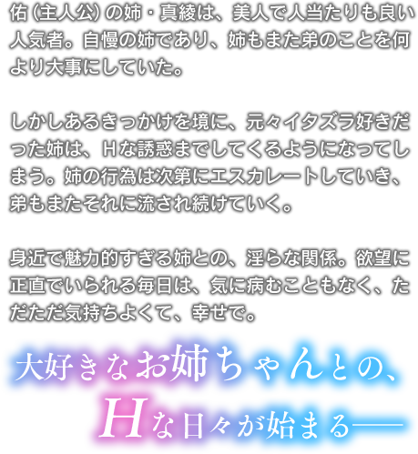 主人公の姉・真綾は、美人で人当たりも良い人気者。自慢の姉であり、姉もまた弟のことを何より大事にしていた。しかしあるきっかけを境に、元々イタズラ好きだった姉は、Hな誘惑までしてくるようになってしまう。姉の行為は次第にエスカレートしていき、弟もまたそれに流され続けていく。身近で魅力的すぎる姉との、淫らな関係。欲望に正直でいられる毎日は、気に病むこともなく、ただただ気持ちよくて、幸せで。大好きなお姉ちゃんとの、Hな日々が始まる――